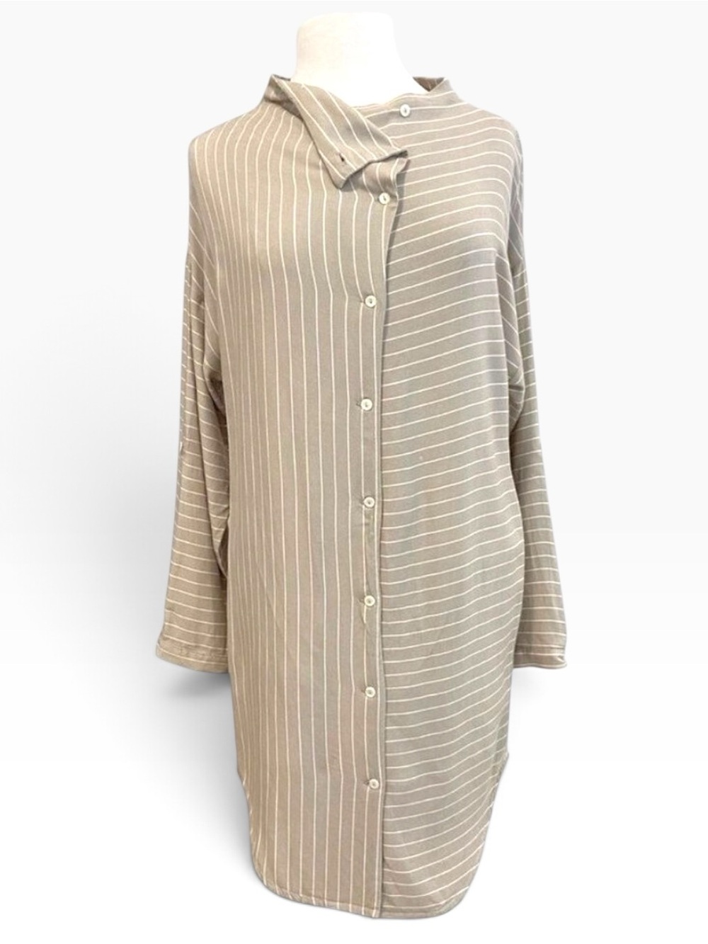 Melow boxy shirt Dress long sleeves pinstripes beige white asymmetrical Small